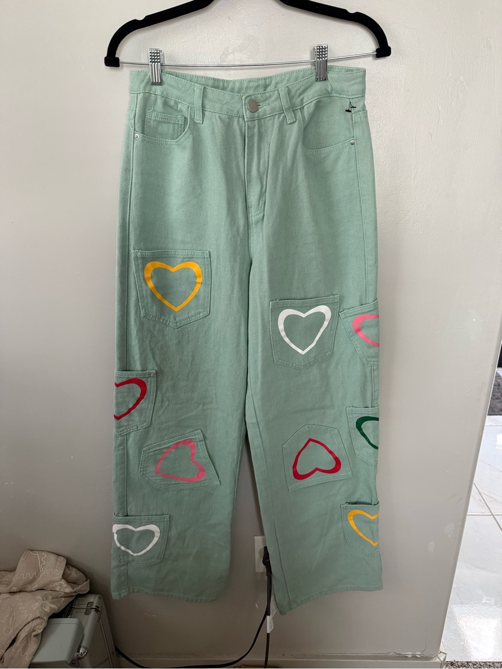 Mint Green Wide-Leg Jeans with Colorful Heart Patches